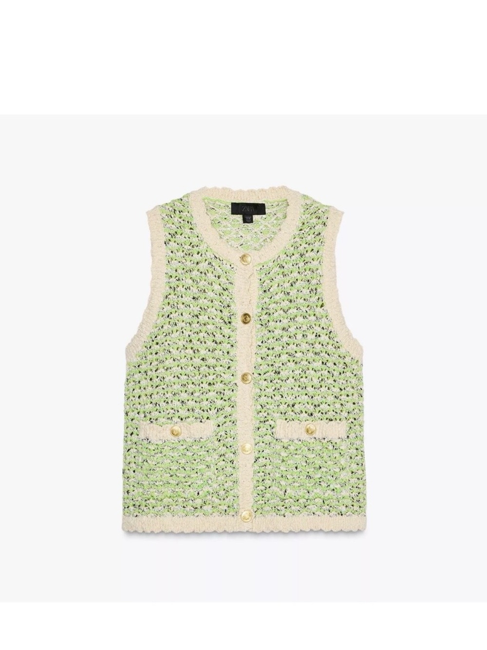 Zara Green and Cream Bouclé Knit Vest